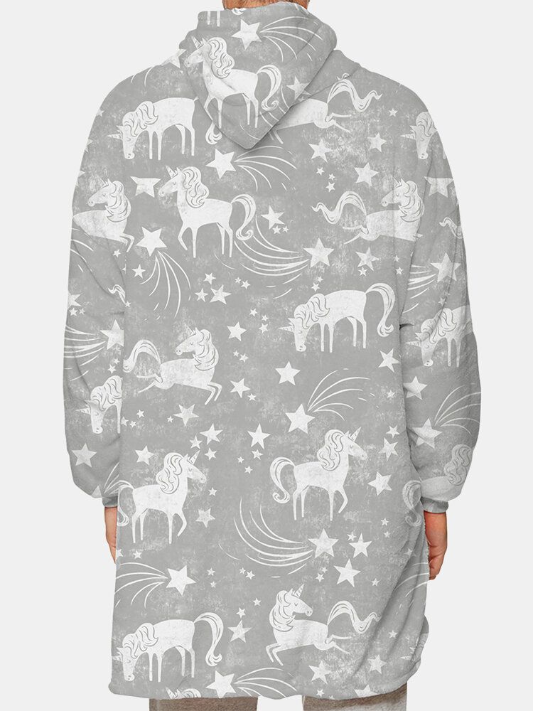 Hombre Unicorn Print Reversible Thicken Manta Con Capucha Bolsillo Grande Ropa De Dormir Para El Hogar Batas