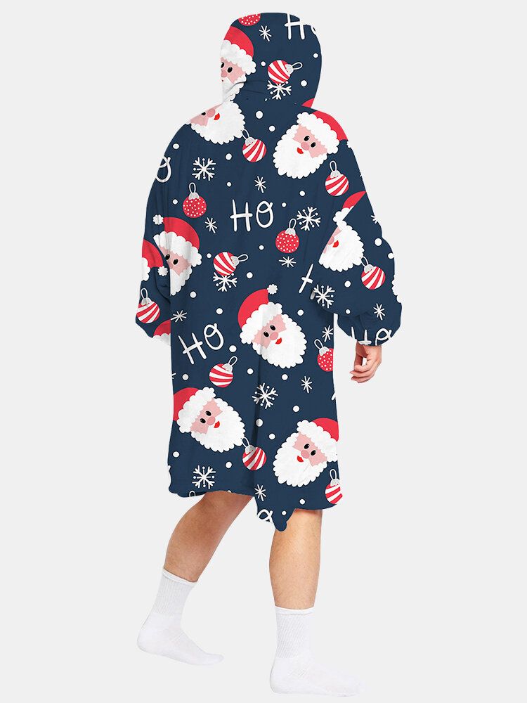 Hombres Navidad Papá Noel Estampado De Vellón Forrado Cálido Manta De Gran Tamaño Sudadera Con Capucha Reversible Loungewear