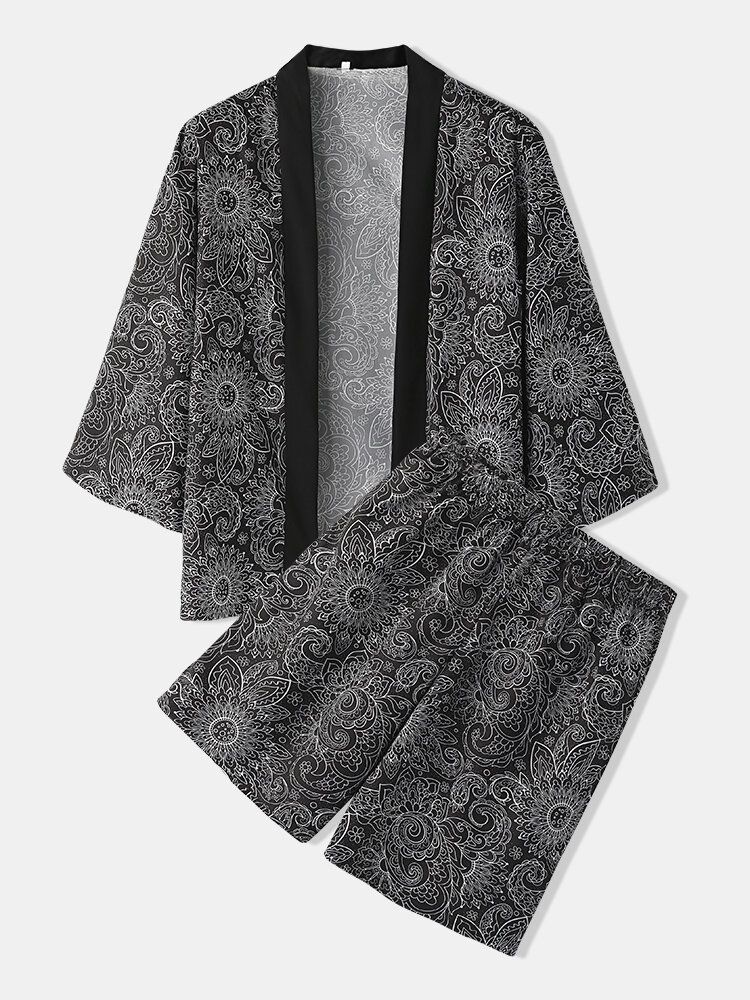 Kimono Con Estampado De Estilo Étnico Para Hombre Tops Hasta La Rodilla Pantalones Cortos Conjunto De Pijama Informal