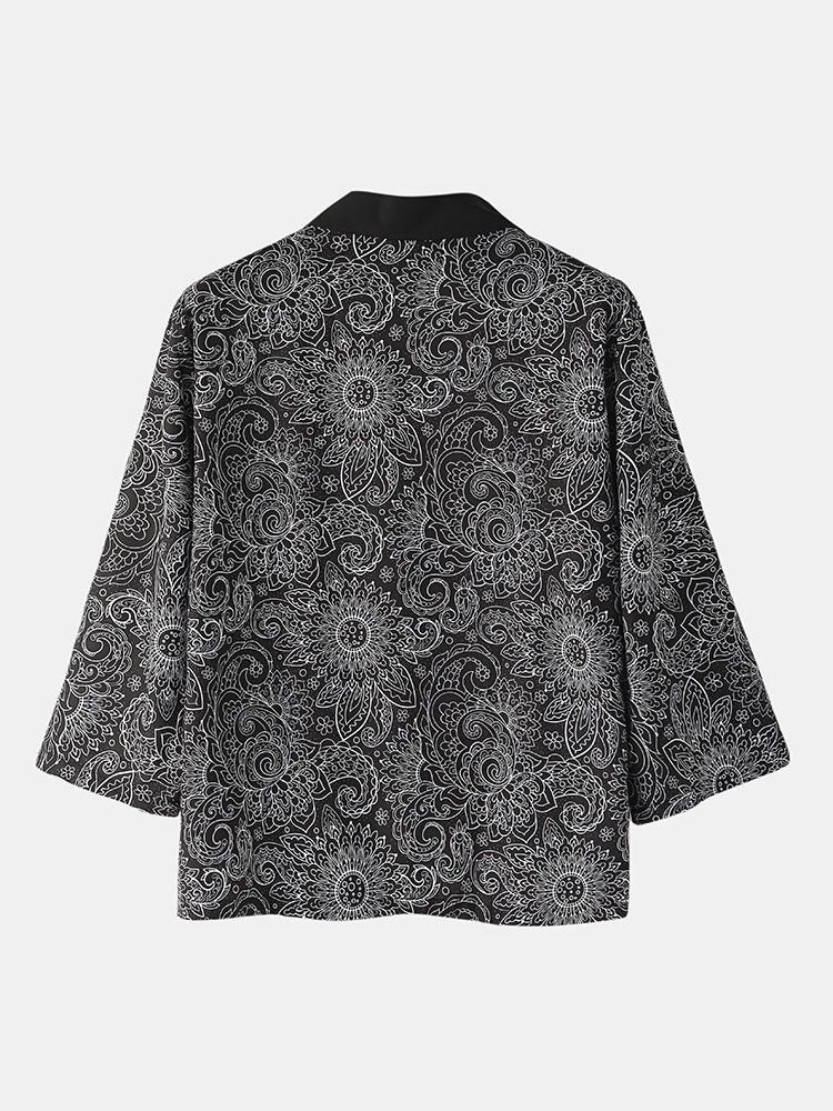 Kimono Con Estampado De Estilo Étnico Para Hombre Tops Hasta La Rodilla Pantalones Cortos Conjunto De Pijama Informal