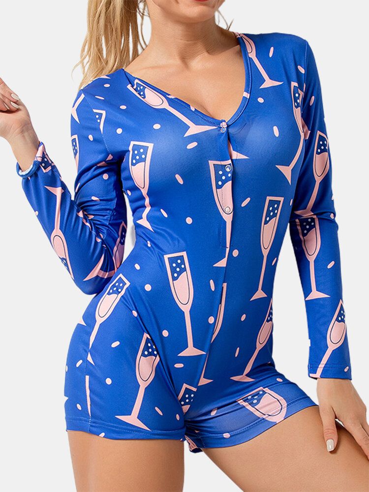 Monos Cortos De Pijama Azul Con Cuello En V De Manga Larga Con Cuello En V Y Estampado Abstracto Para Mujer