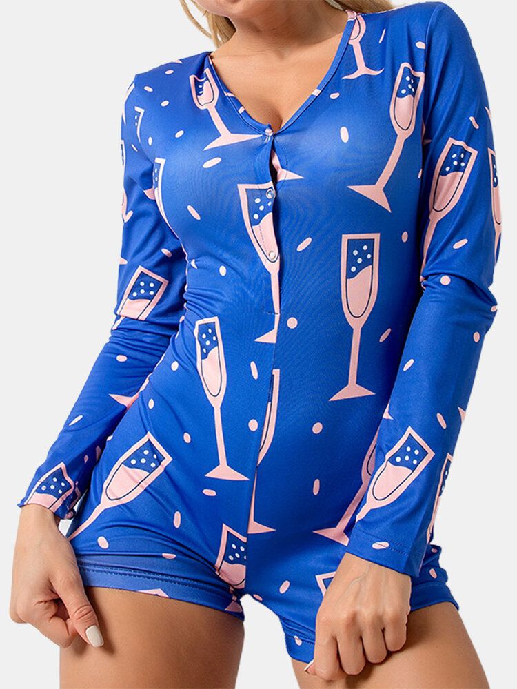 Monos Cortos De Pijama Azul Con Cuello En V De Manga Larga Con Cuello En V Y Estampado Abstracto Para Mujer