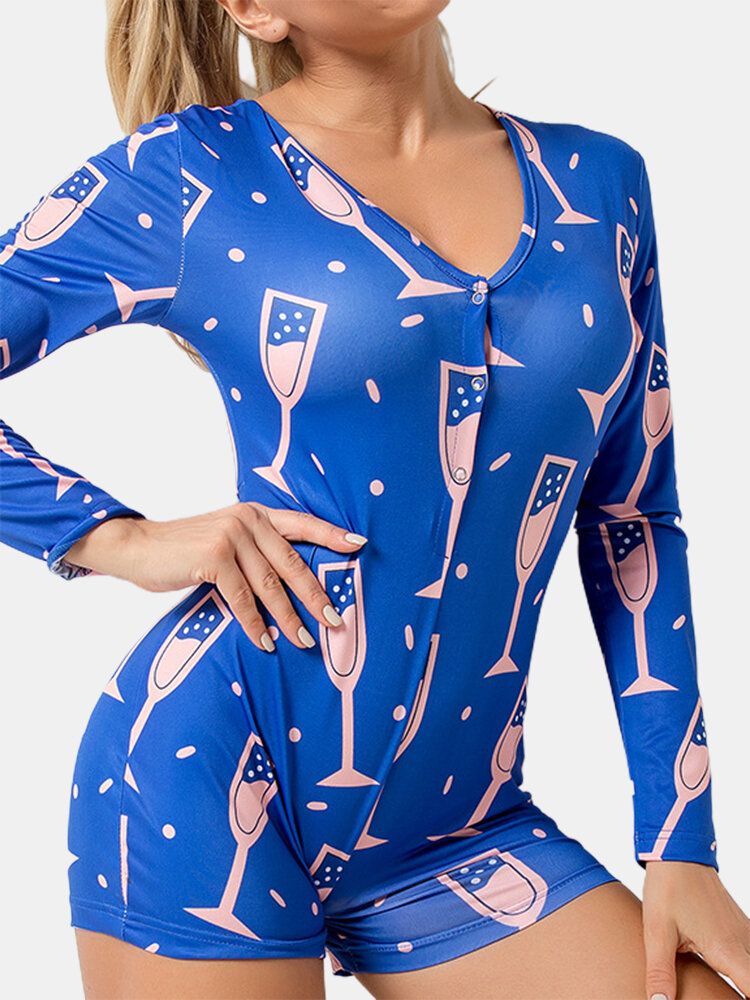 Monos Cortos De Pijama Azul Con Cuello En V De Manga Larga Con Cuello En V Y Estampado Abstracto Para Mujer