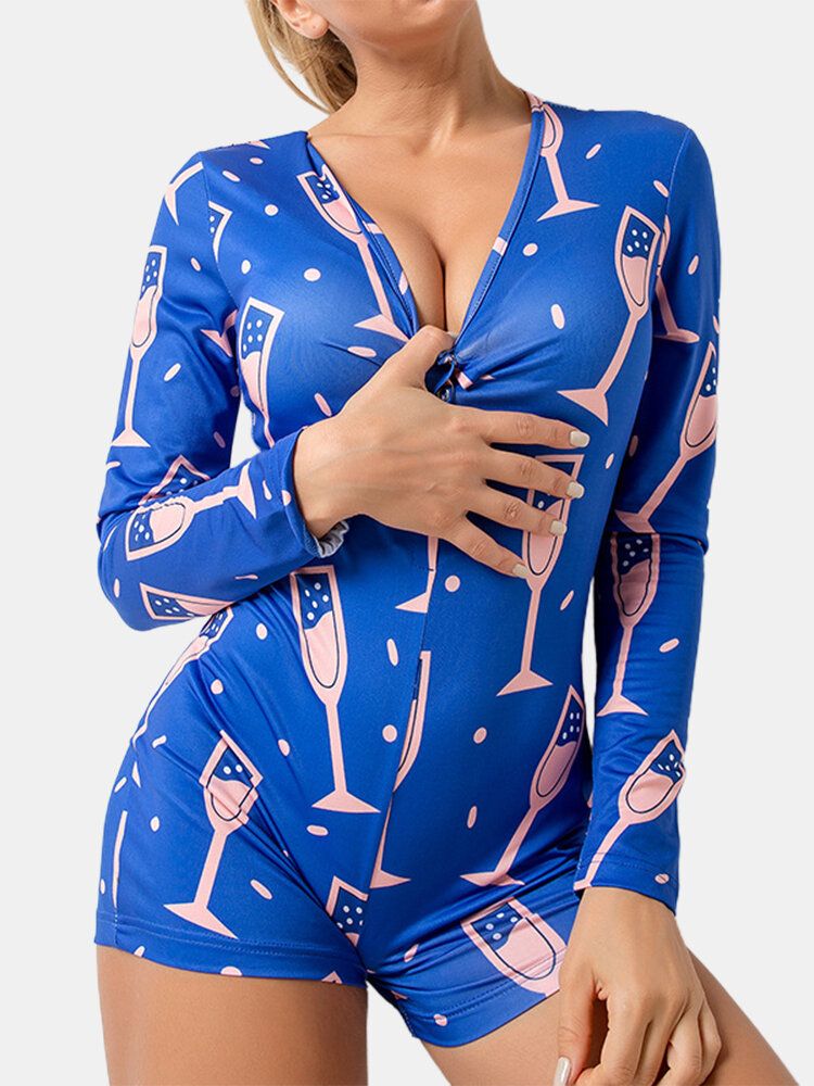 Monos Cortos De Pijama Azul Con Cuello En V De Manga Larga Con Cuello En V Y Estampado Abstracto Para Mujer