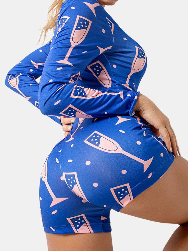 Monos Cortos De Pijama Azul Con Cuello En V De Manga Larga Con Cuello En V Y Estampado Abstracto Para Mujer