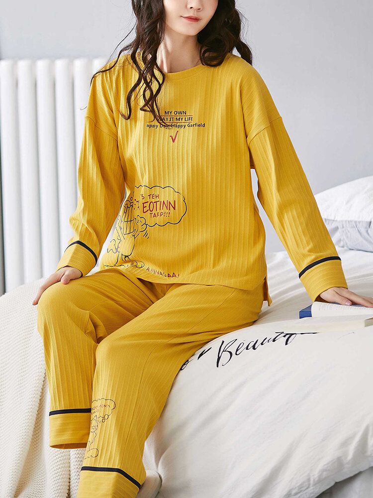 Mujeres Acanaladas Estampado De Letras Dibujos Animados Graffiti Pullover Cintura Elástica Bolsillo Inicio Casual Conjunto De Pijama Amarillo