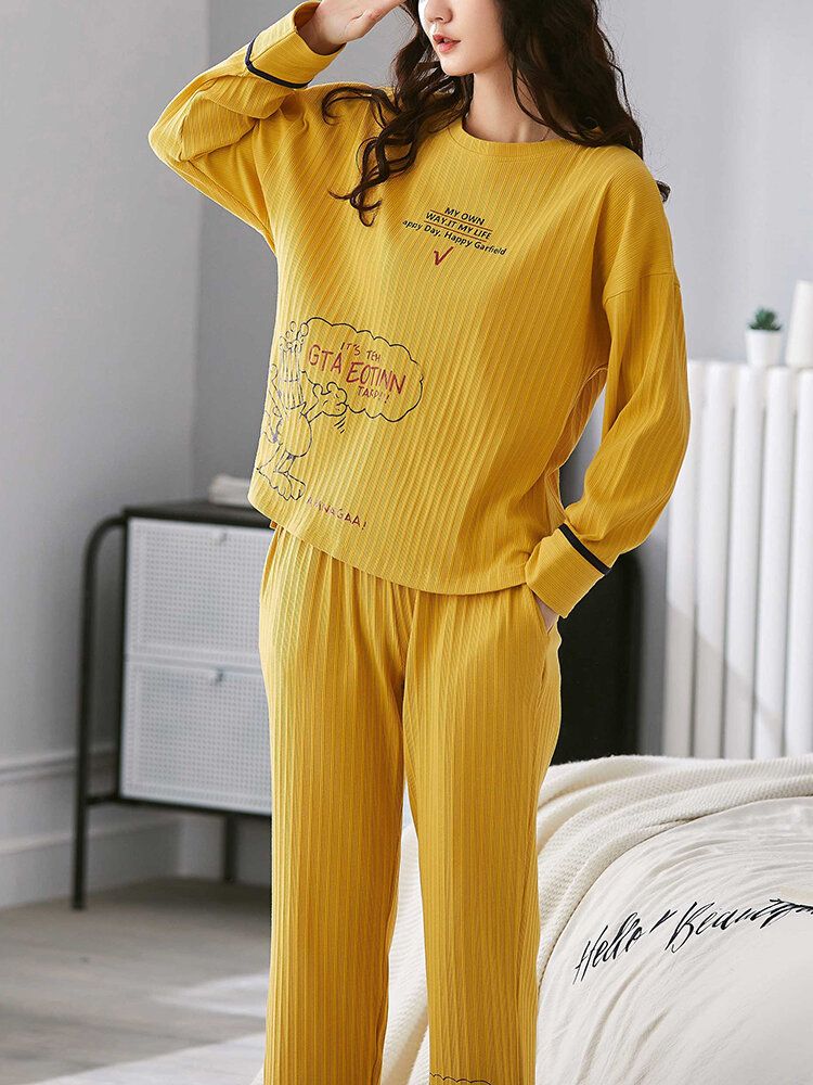 Mujeres Acanaladas Estampado De Letras Dibujos Animados Graffiti Pullover Cintura Elástica Bolsillo Inicio Casual Conjunto De Pijama Amarillo