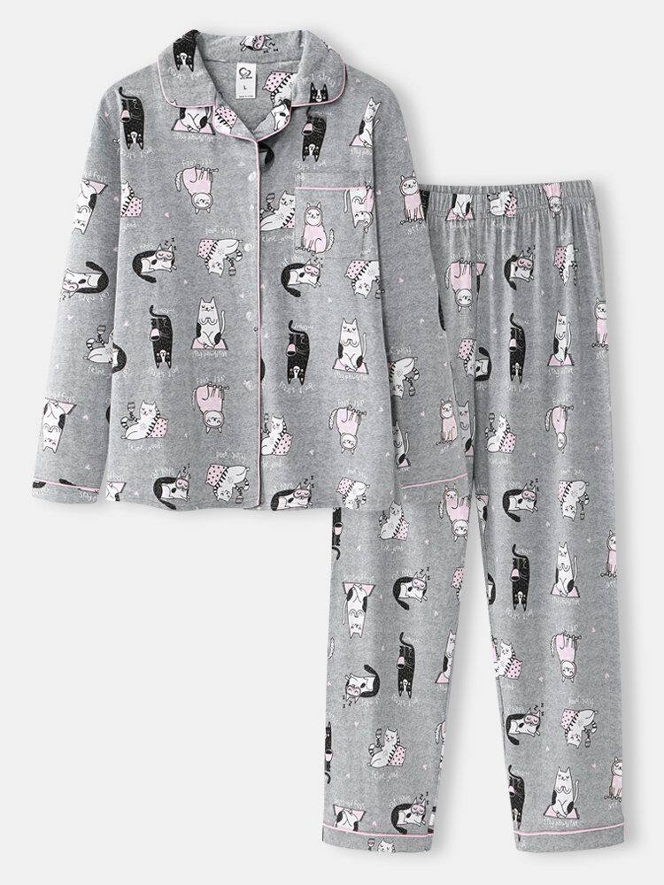 Mujeres Allover Cartoon Gatos Imprimir Solapa Manga Larga Algodón Loungewear Cómodo Conjunto De Pijamas Para El Hogar