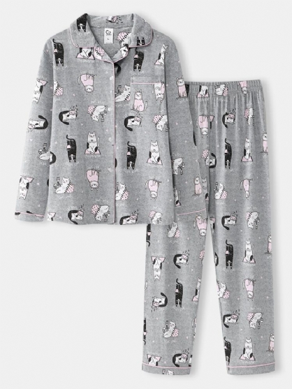 Mujeres Allover Cartoon Gatos Imprimir Solapa Manga Larga Algodón Loungewear Cómodo Conjunto De Pijamas Para El Hogar