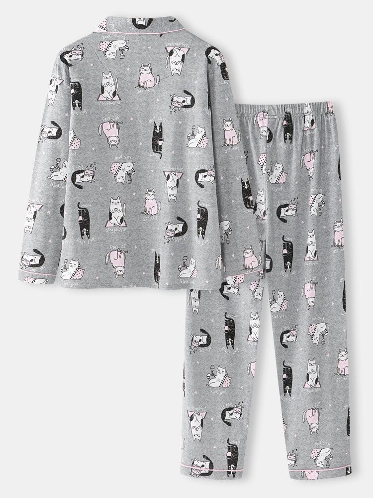 Mujeres Allover Cartoon Gatos Imprimir Solapa Manga Larga Algodón Loungewear Cómodo Conjunto De Pijamas Para El Hogar