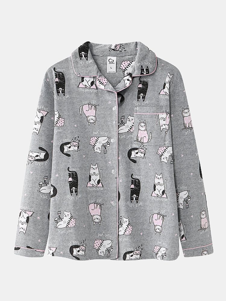 Mujeres Allover Cartoon Gatos Imprimir Solapa Manga Larga Algodón Loungewear Cómodo Conjunto De Pijamas Para El Hogar