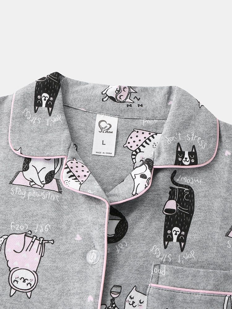 Mujeres Allover Cartoon Gatos Imprimir Solapa Manga Larga Algodón Loungewear Cómodo Conjunto De Pijamas Para El Hogar