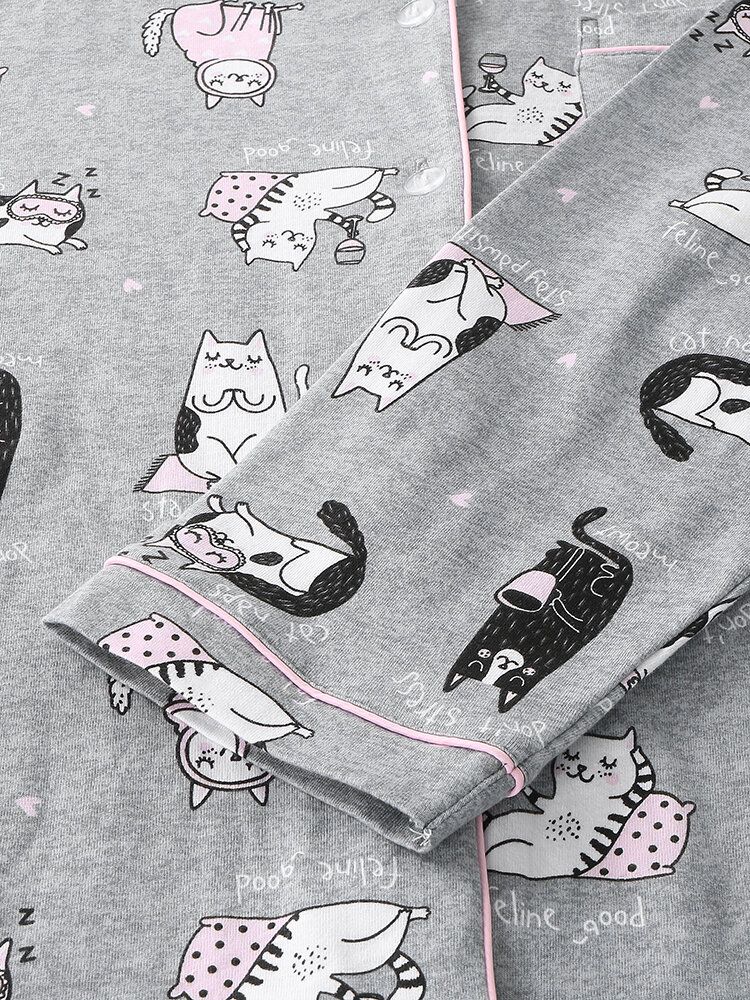 Mujeres Allover Cartoon Gatos Imprimir Solapa Manga Larga Algodón Loungewear Cómodo Conjunto De Pijamas Para El Hogar