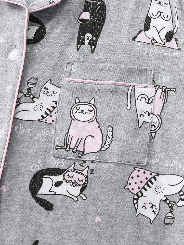 Mujeres Allover Cartoon Gatos Imprimir Solapa Manga Larga Algodón Loungewear Cómodo Conjunto De Pijamas Para El Hogar