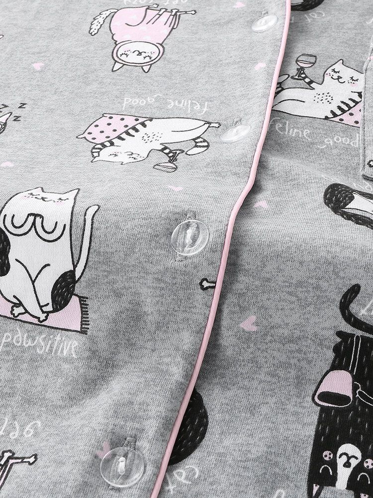 Mujeres Allover Cartoon Gatos Imprimir Solapa Manga Larga Algodón Loungewear Cómodo Conjunto De Pijamas Para El Hogar