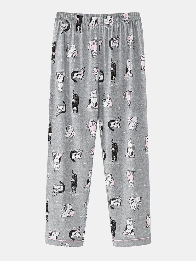 Mujeres Allover Cartoon Gatos Imprimir Solapa Manga Larga Algodón Loungewear Cómodo Conjunto De Pijamas Para El Hogar