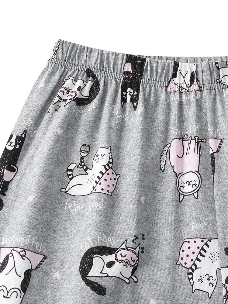 Mujeres Allover Cartoon Gatos Imprimir Solapa Manga Larga Algodón Loungewear Cómodo Conjunto De Pijamas Para El Hogar