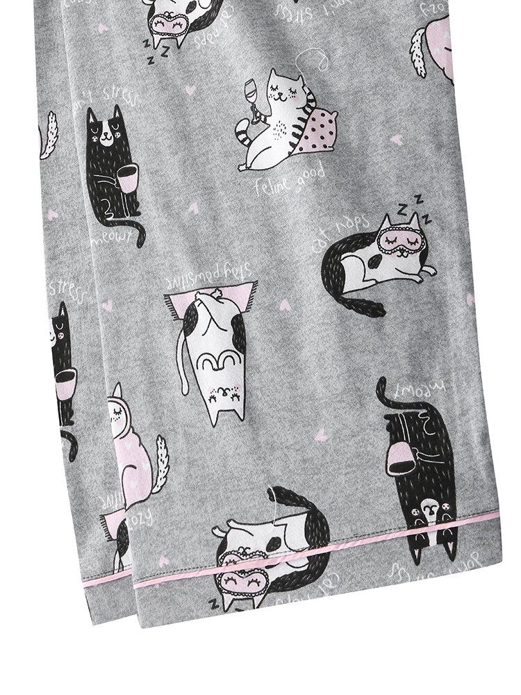 Mujeres Allover Cartoon Gatos Imprimir Solapa Manga Larga Algodón Loungewear Cómodo Conjunto De Pijamas Para El Hogar