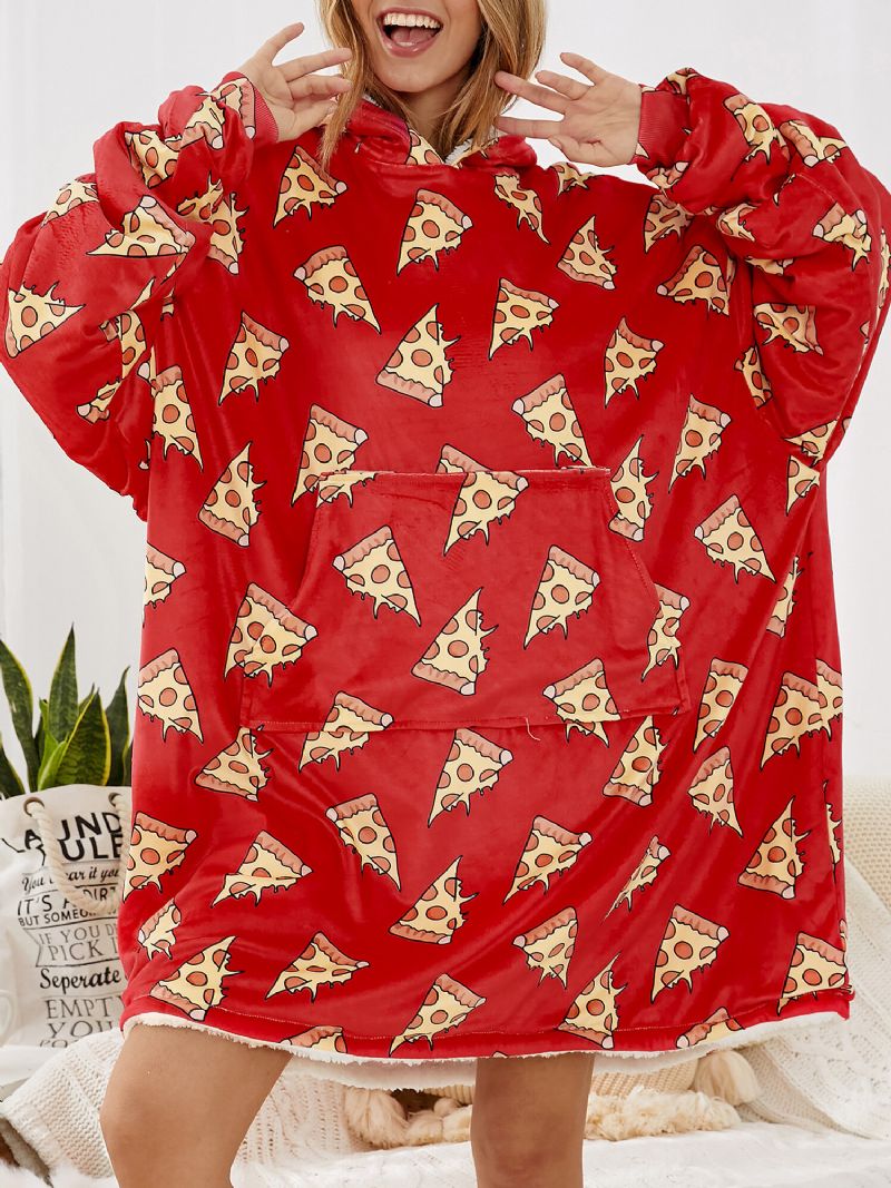 Mujeres Allover Pizza Print Cartoon Loose Thicken Fleece Forrado Home Manta Con Capucha