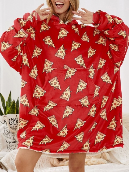 Mujeres Allover Pizza Print Cartoon Loose Thicken Fleece Forrado Home Manta Con Capucha