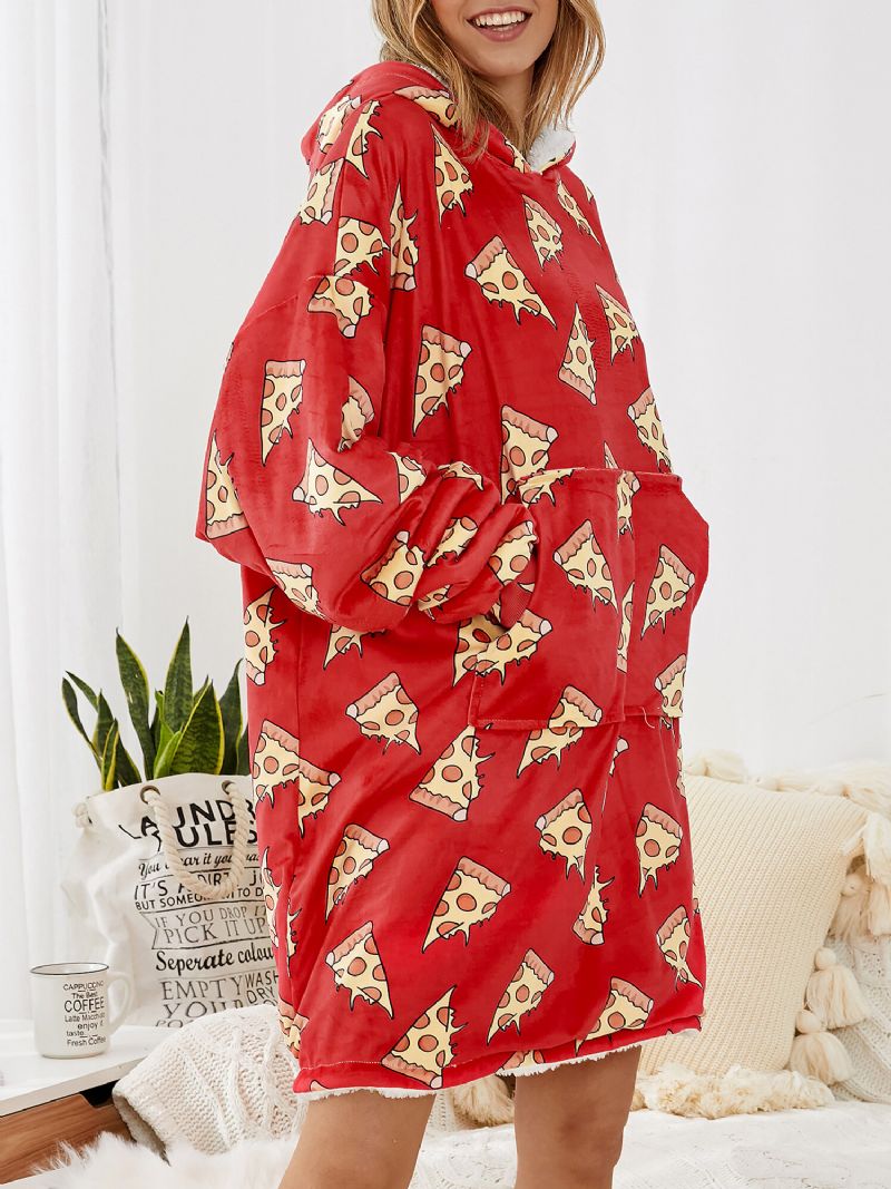 Mujeres Allover Pizza Print Cartoon Loose Thicken Fleece Forrado Home Manta Con Capucha