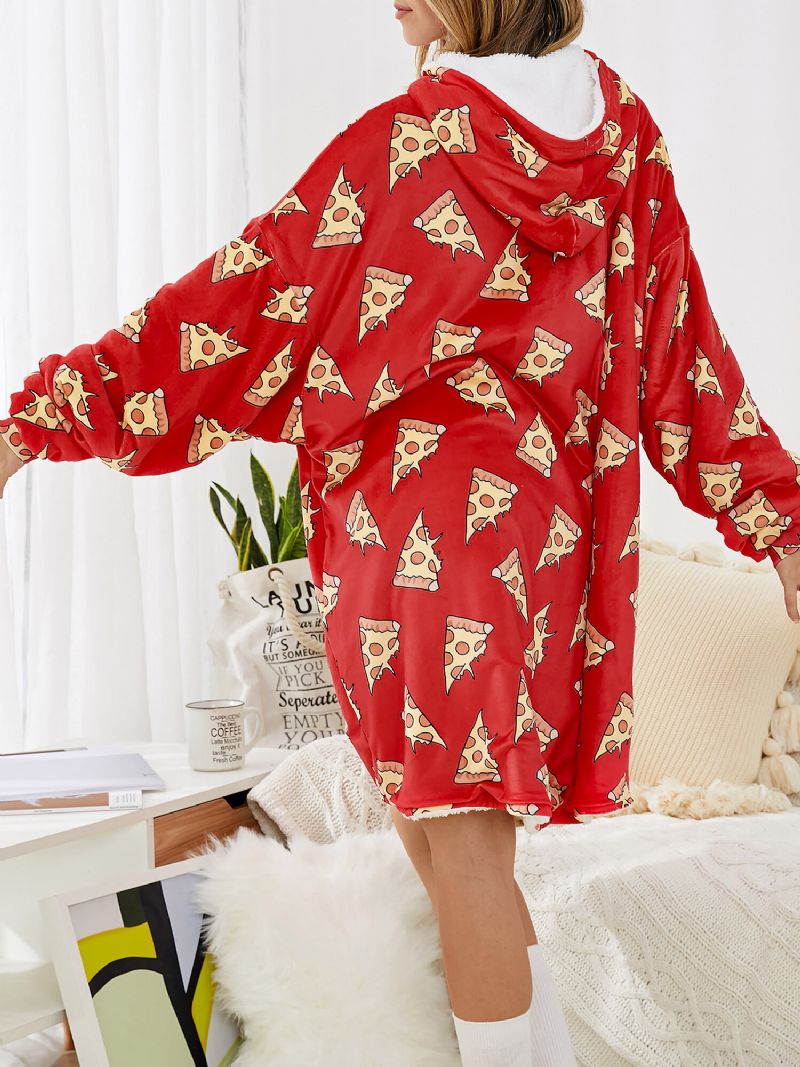 Mujeres Allover Pizza Print Cartoon Loose Thicken Fleece Forrado Home Manta Con Capucha