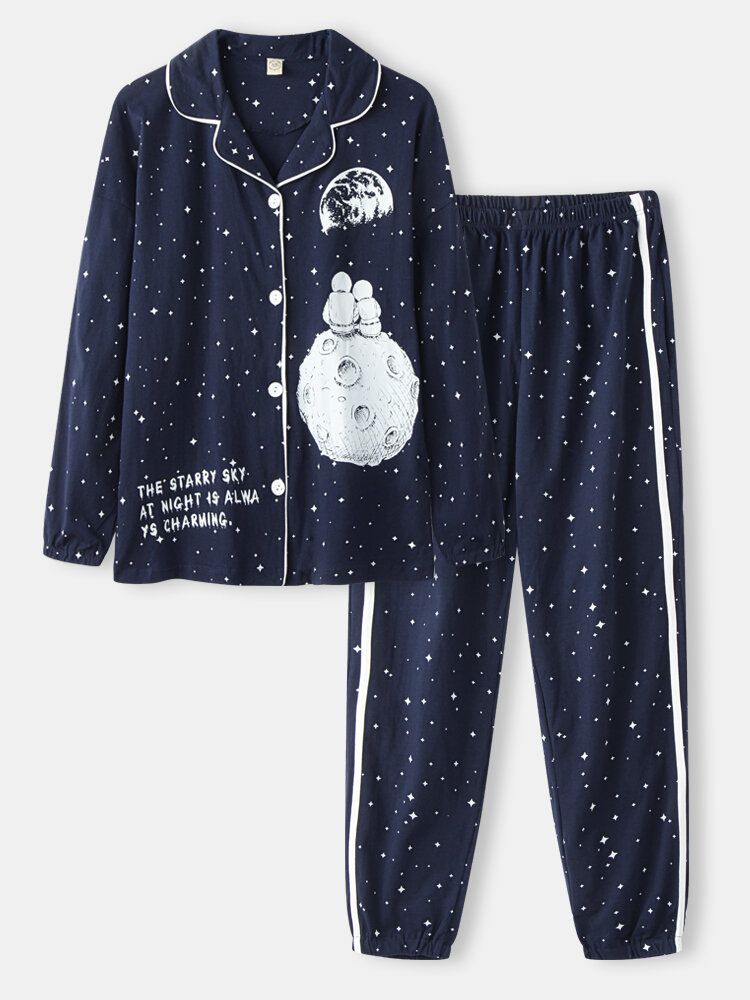 Mujeres Allover Starry Sky Figure Print Revere Collar Conjuntos De Pijamas Con Puños De Algodón