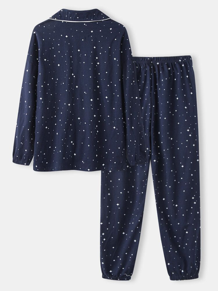 Mujeres Allover Starry Sky Figure Print Revere Collar Conjuntos De Pijamas Con Puños De Algodón