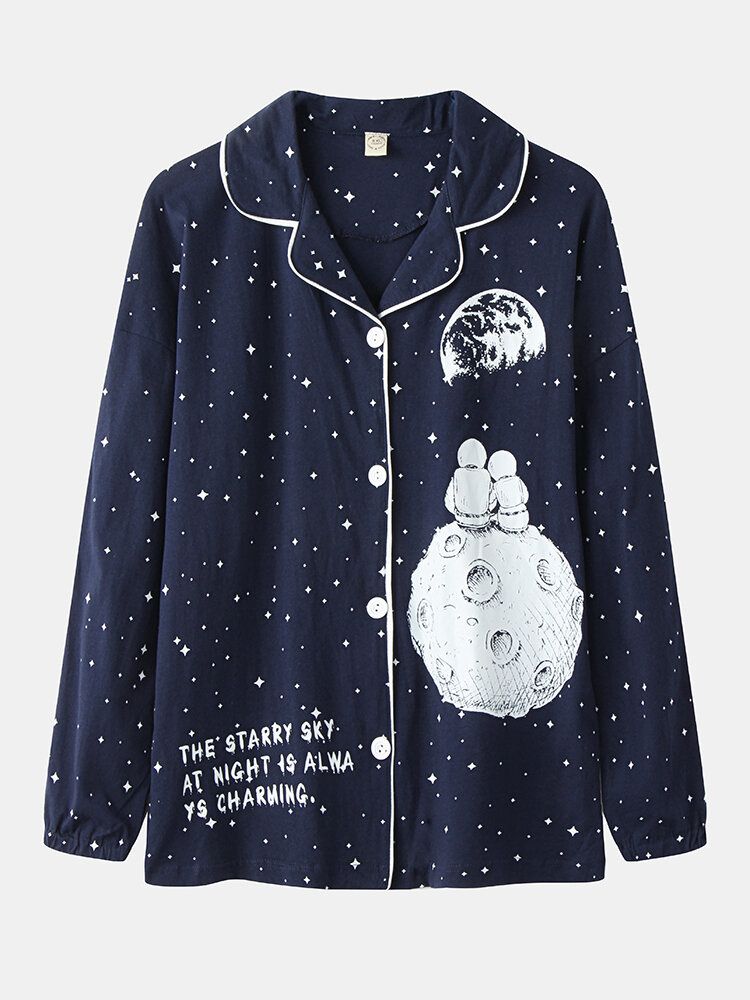 Mujeres Allover Starry Sky Figure Print Revere Collar Conjuntos De Pijamas Con Puños De Algodón