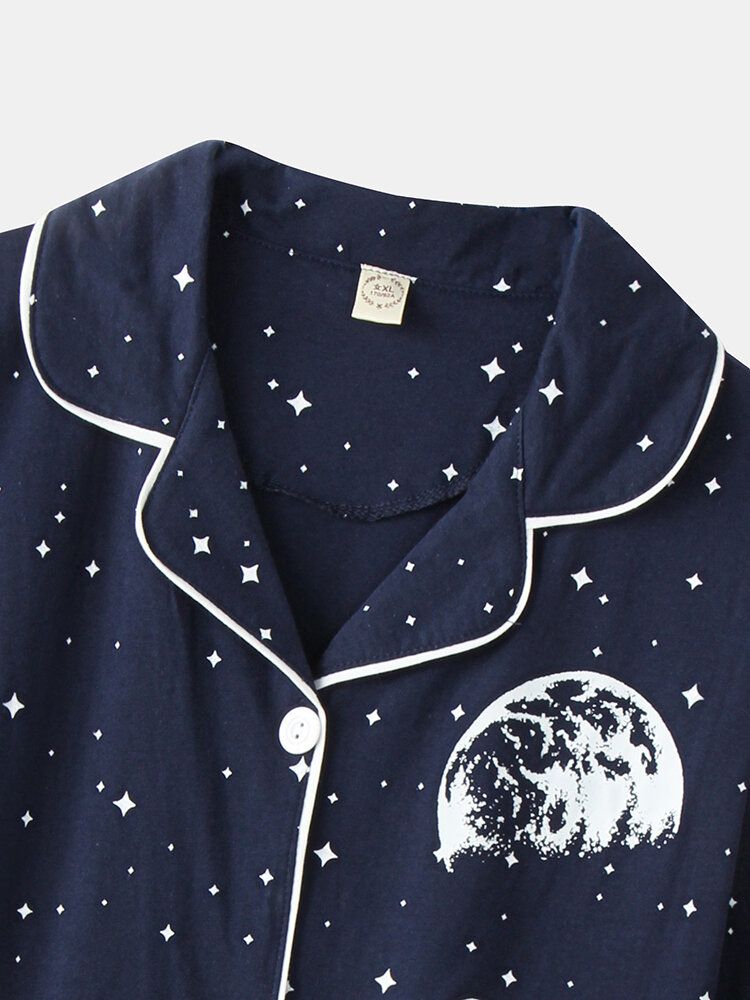 Mujeres Allover Starry Sky Figure Print Revere Collar Conjuntos De Pijamas Con Puños De Algodón