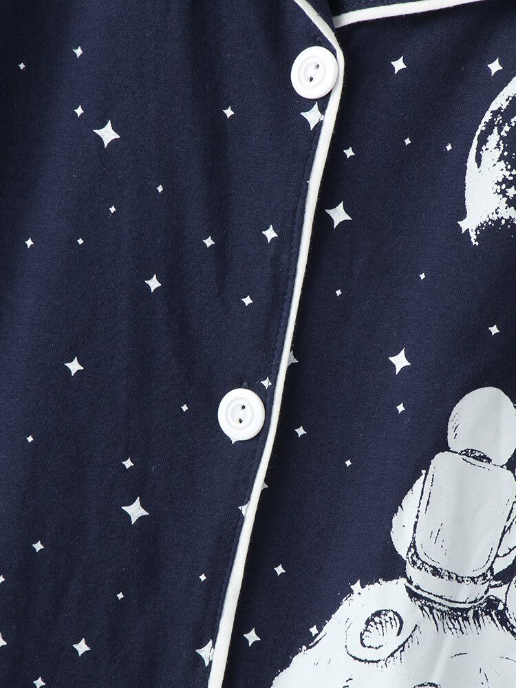 Mujeres Allover Starry Sky Figure Print Revere Collar Conjuntos De Pijamas Con Puños De Algodón