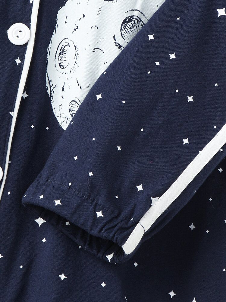 Mujeres Allover Starry Sky Figure Print Revere Collar Conjuntos De Pijamas Con Puños De Algodón