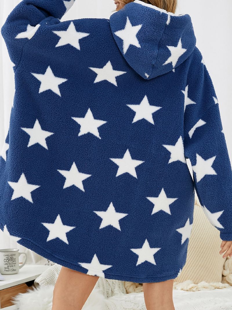 Mujeres Allover Stars Thicken Warm Fleece Loose Home Manta Con Capucha Con Bolsillo Canguro