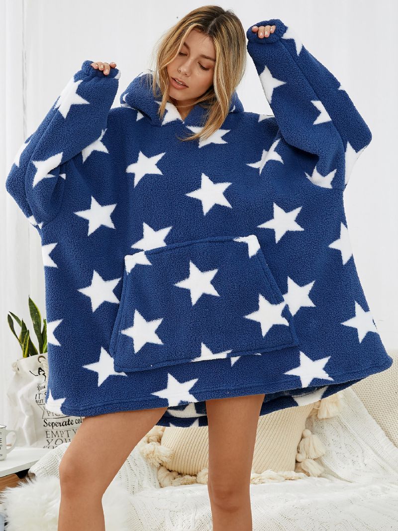 Mujeres Allover Stars Thicken Warm Fleece Loose Home Manta Con Capucha Con Bolsillo Canguro