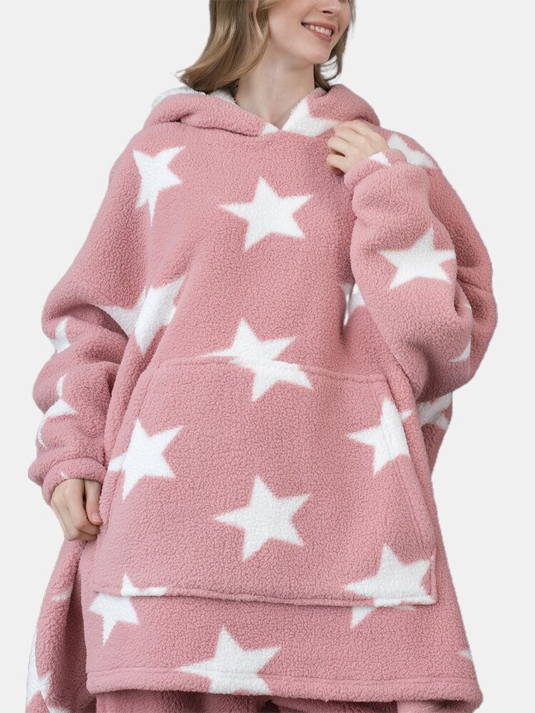 Mujeres Allover Stars Thicken Warm Fleece Loose Home Manta Con Capucha Con Bolsillo Canguro