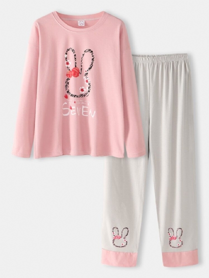 Mujeres Carta Imprimir Patrón De Conejo De Dibujos Animados Pullover Pocket Gery Pantalones Inicio Conjunto De Pijama Lindo