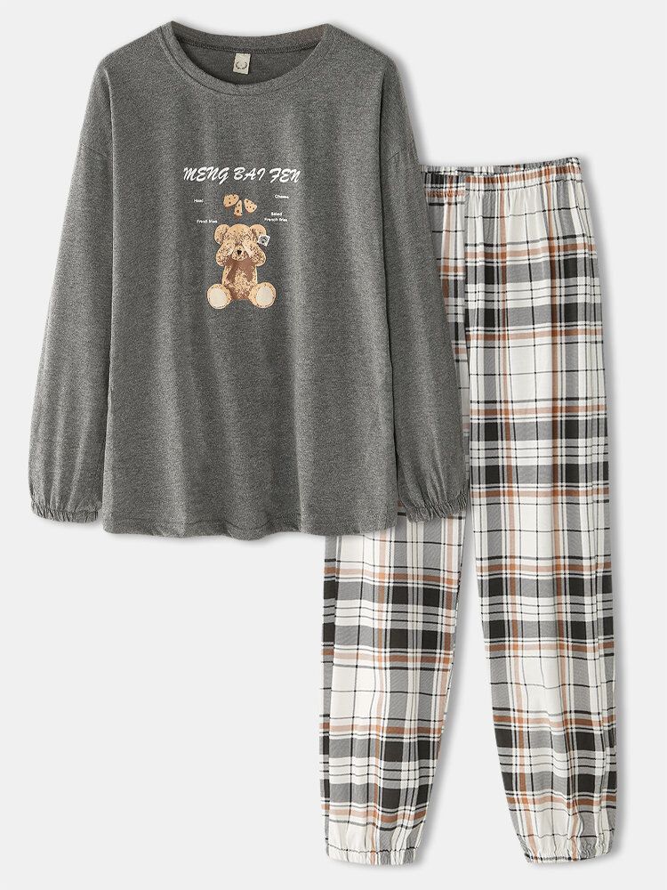 Mujeres Cute Bear Print O-neck Puño Elástico Plaid Jogger Pants Conjunto De Pijamas Sueltos Para El Hogar