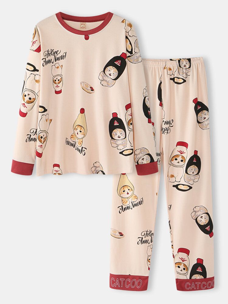 Mujeres Cute Cartoon Cats Print O-cuello Algodón Manga Larga Conjuntos De Pijamas Sueltos Para El Hogar