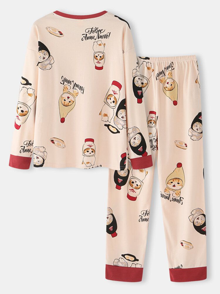 Mujeres Cute Cartoon Cats Print O-cuello Algodón Manga Larga Conjuntos De Pijamas Sueltos Para El Hogar