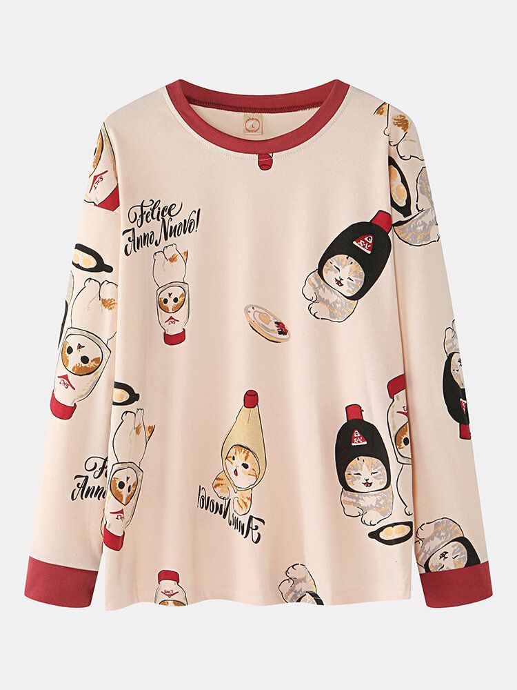 Mujeres Cute Cartoon Cats Print O-cuello Algodón Manga Larga Conjuntos De Pijamas Sueltos Para El Hogar