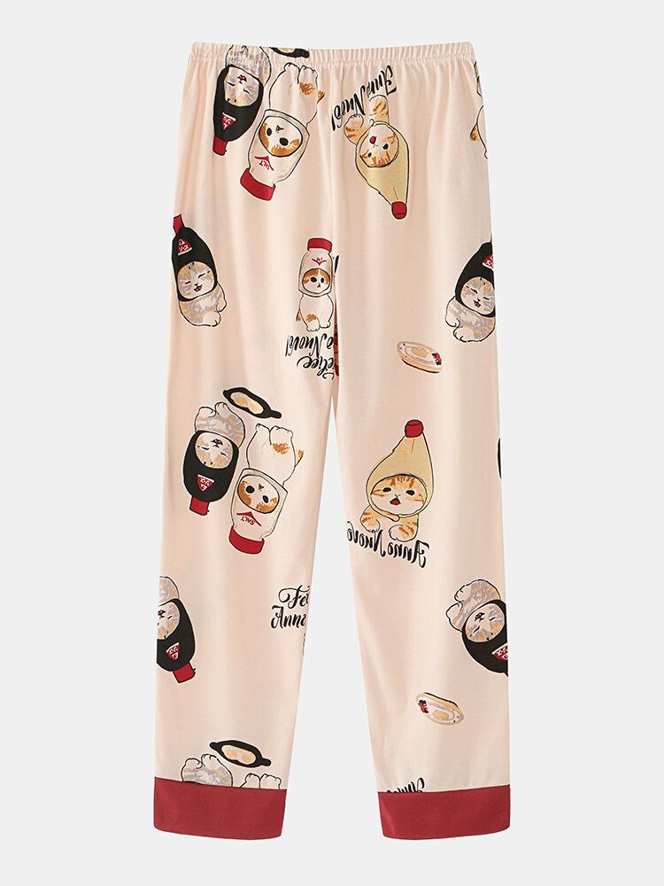 Mujeres Cute Cartoon Cats Print O-cuello Algodón Manga Larga Conjuntos De Pijamas Sueltos Para El Hogar