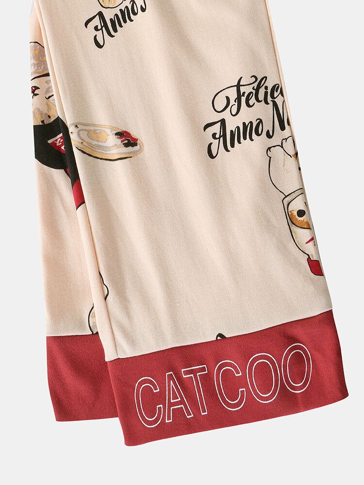 Mujeres Cute Cartoon Cats Print O-cuello Algodón Manga Larga Conjuntos De Pijamas Sueltos Para El Hogar