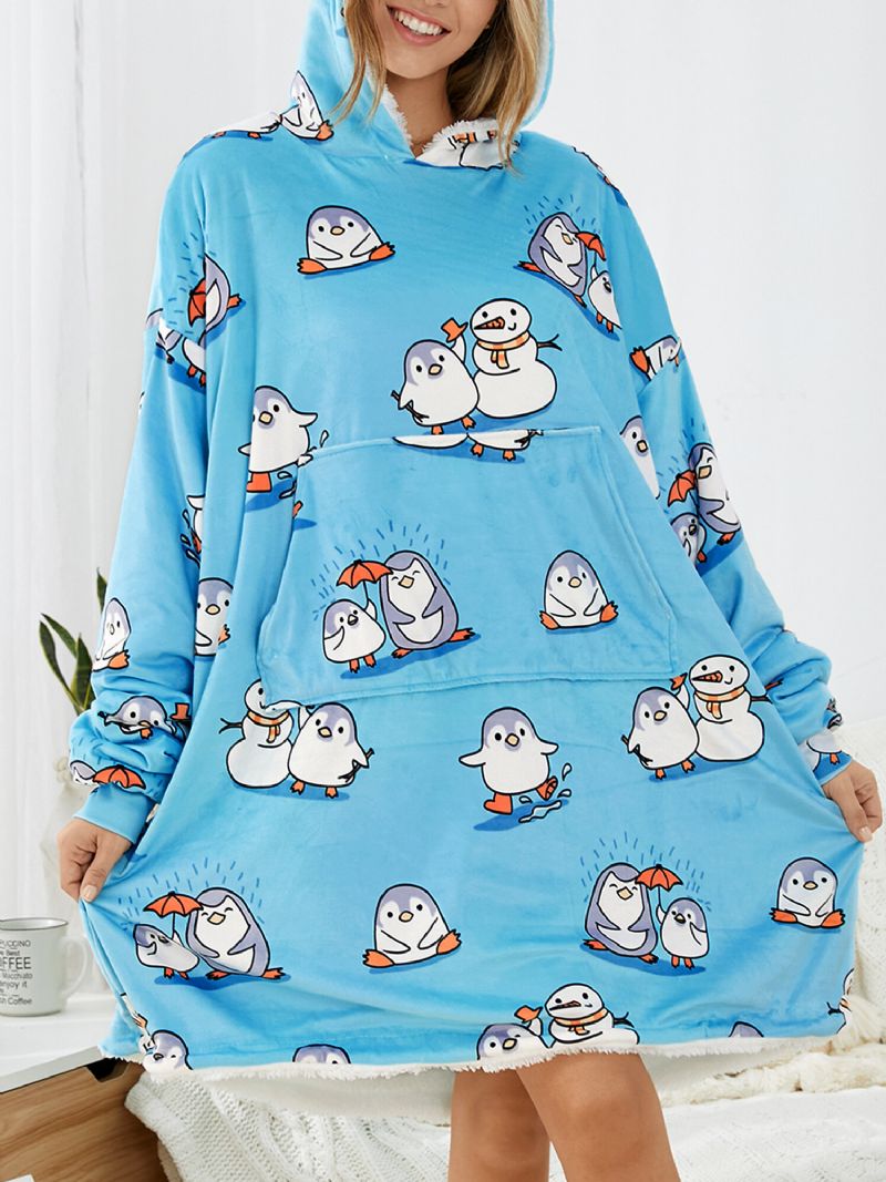 Mujeres Cute Cartoon Penguin Print Oversized Fleece Forrado Manta Sudadera Con Capucha Ropa De Dormir Batas