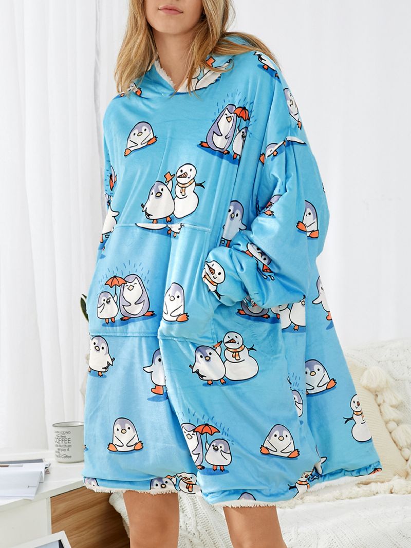 Mujeres Cute Cartoon Penguin Print Oversized Fleece Forrado Manta Sudadera Con Capucha Ropa De Dormir Batas