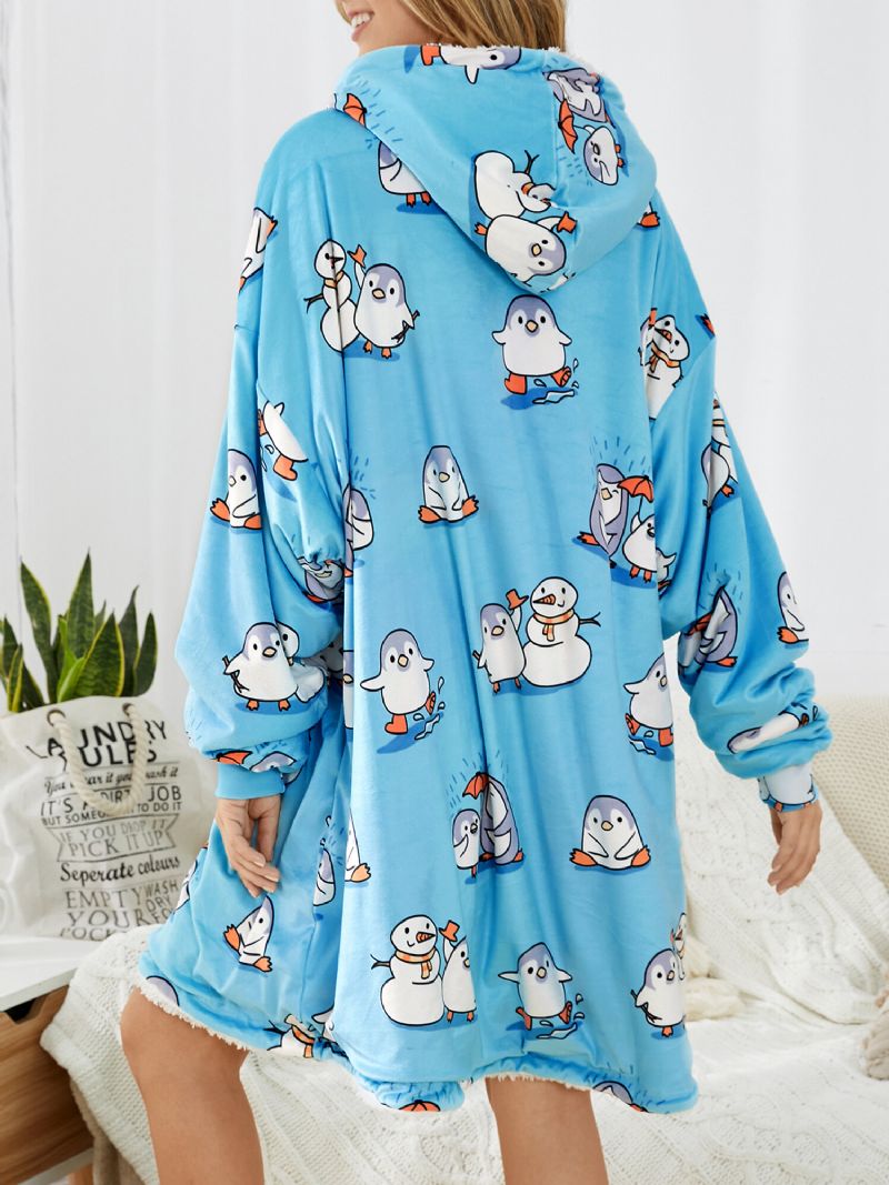 Mujeres Cute Cartoon Penguin Print Oversized Fleece Forrado Manta Sudadera Con Capucha Ropa De Dormir Batas