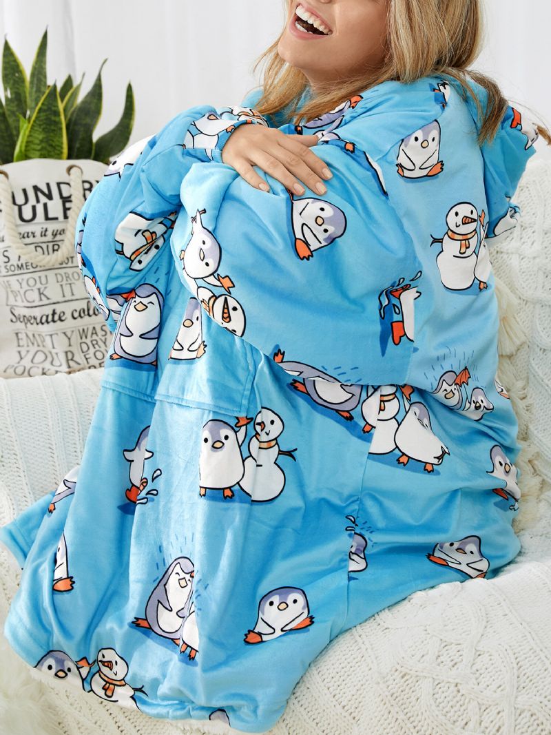 Mujeres Cute Cartoon Penguin Print Oversized Fleece Forrado Manta Sudadera Con Capucha Ropa De Dormir Batas