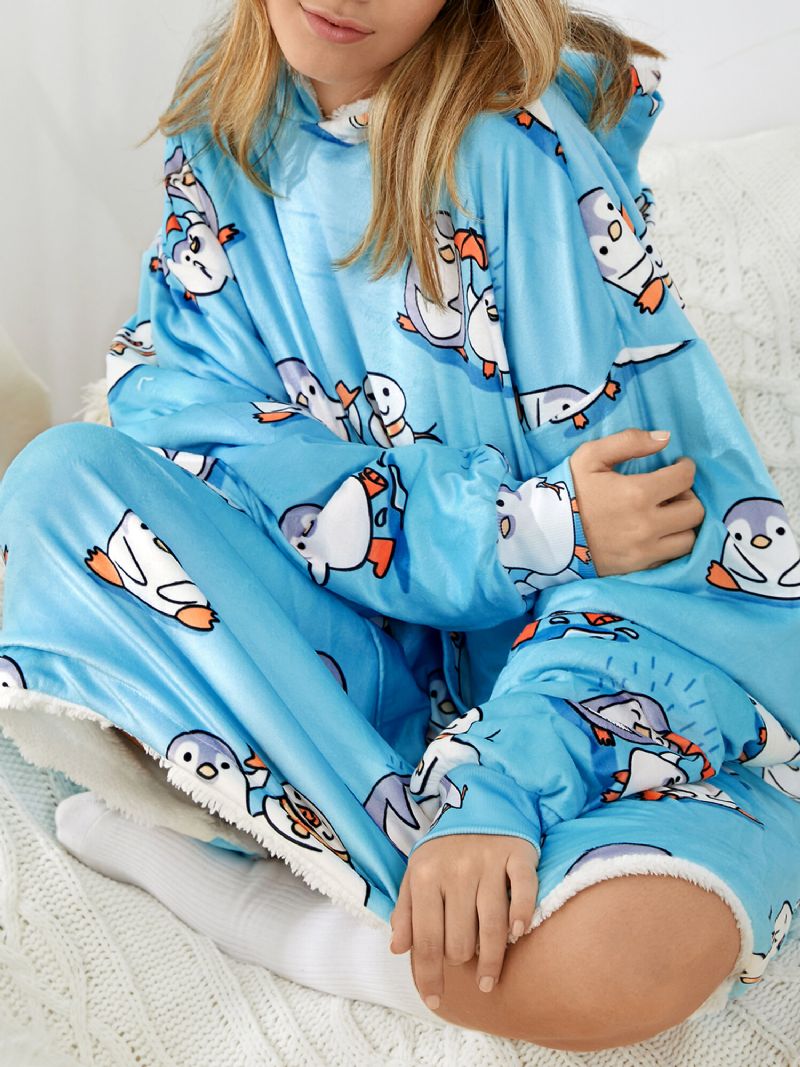 Mujeres Cute Cartoon Penguin Print Oversized Fleece Forrado Manta Sudadera Con Capucha Ropa De Dormir Batas