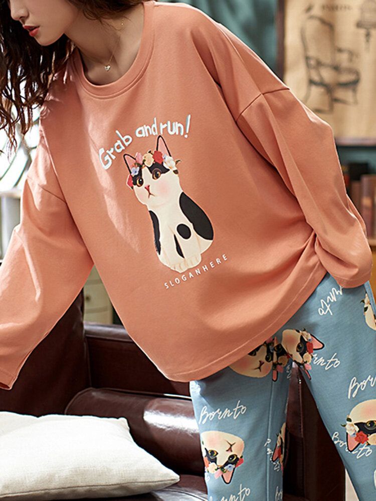 Mujeres Cute Cat Pattern Letter Print Jersey De Manga Larga Y Pantalones Sueltos Conjunto De Pijama De Dos Piezas Para El Hogar