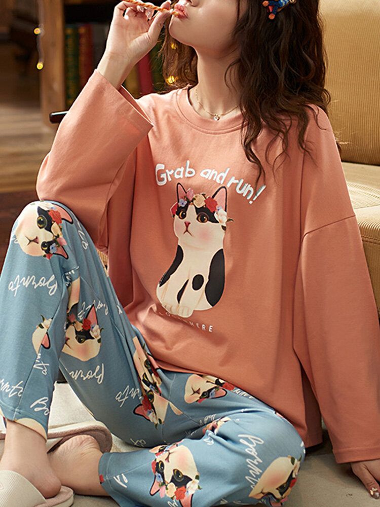 Mujeres Cute Cat Pattern Letter Print Jersey De Manga Larga Y Pantalones Sueltos Conjunto De Pijama De Dos Piezas Para El Hogar