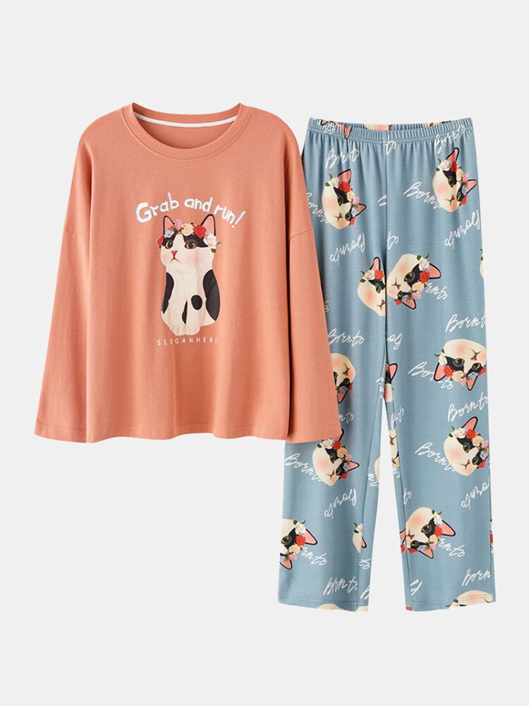 Mujeres Cute Cat Pattern Letter Print Jersey De Manga Larga Y Pantalones Sueltos Conjunto De Pijama De Dos Piezas Para El Hogar